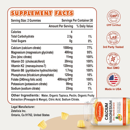 Zetelixia Calcium Gummies for Women & Men – Calcium Magnesium Zinc with Vitamin D3 & K2, Pineapple & Mango Flavor, 60 Count