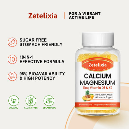 Zetelixia Calcium Gummies for Women & Men – Calcium Magnesium Zinc with Vitamin D3 & K2, Pineapple & Mango Flavor, 60 Count
