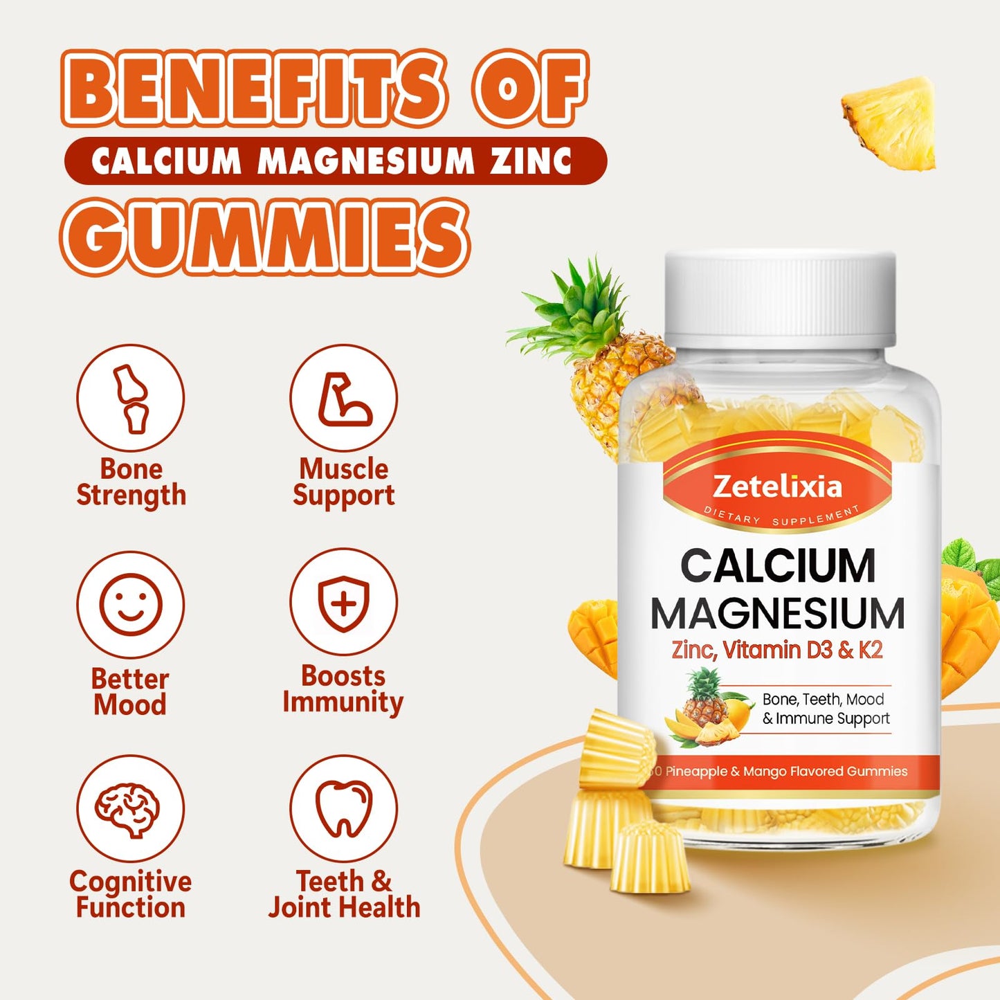 Zetelixia Calcium Gummies for Women & Men – Calcium Magnesium Zinc with Vitamin D3 & K2, Pineapple & Mango Flavor, 60 Count