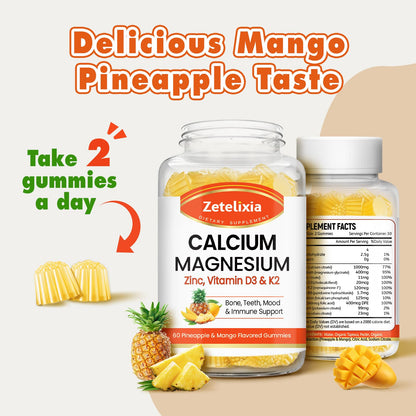Zetelixia Calcium Gummies for Women & Men – Calcium Magnesium Zinc with Vitamin D3 & K2, Pineapple & Mango Flavor, 60 Count