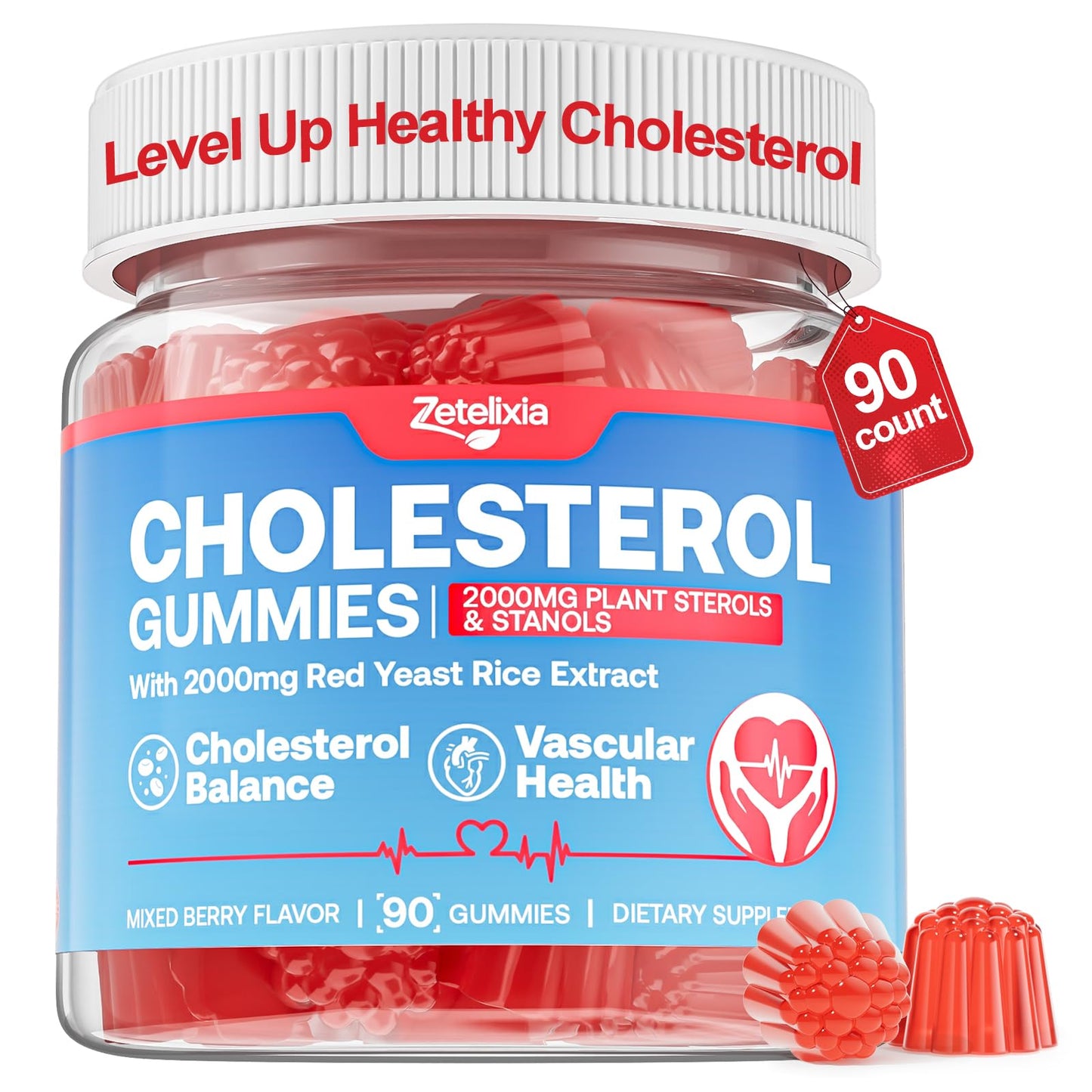 Zetelixia Cholesterol Lowering Gummies – Plant Sterols & Stanols, Red Yeast Rice | Vegan, Non-GMO | Mixed Berry 90Ct