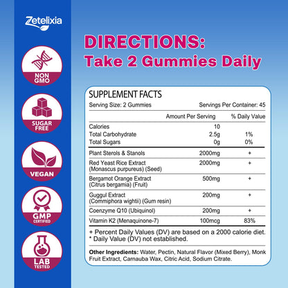 Zetelixia Cholesterol Lowering Gummies – Plant Sterols & Stanols, Red Yeast Rice | Vegan, Non-GMO | Mixed Berry 90Ct