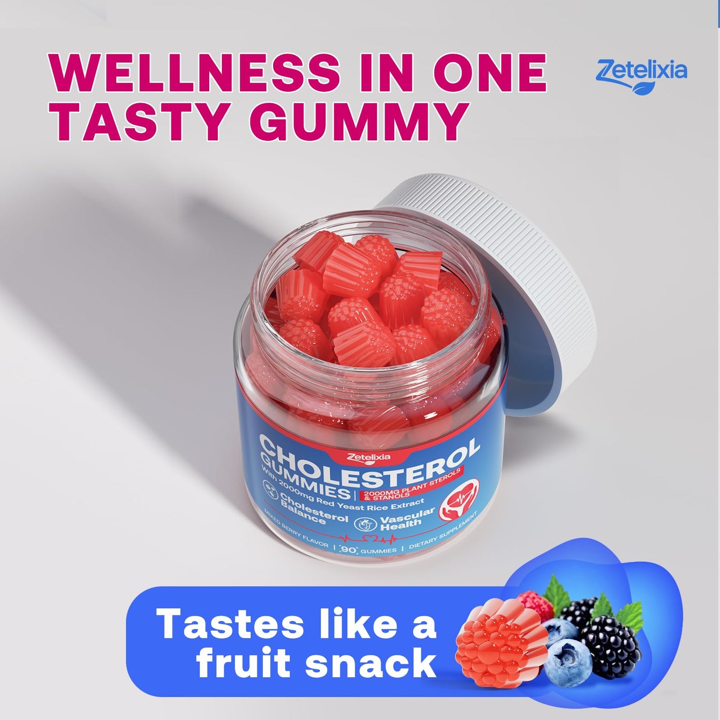 Zetelixia Cholesterol Lowering Gummies – Plant Sterols & Stanols, Red Yeast Rice | Vegan, Non-GMO | Mixed Berry 90Ct