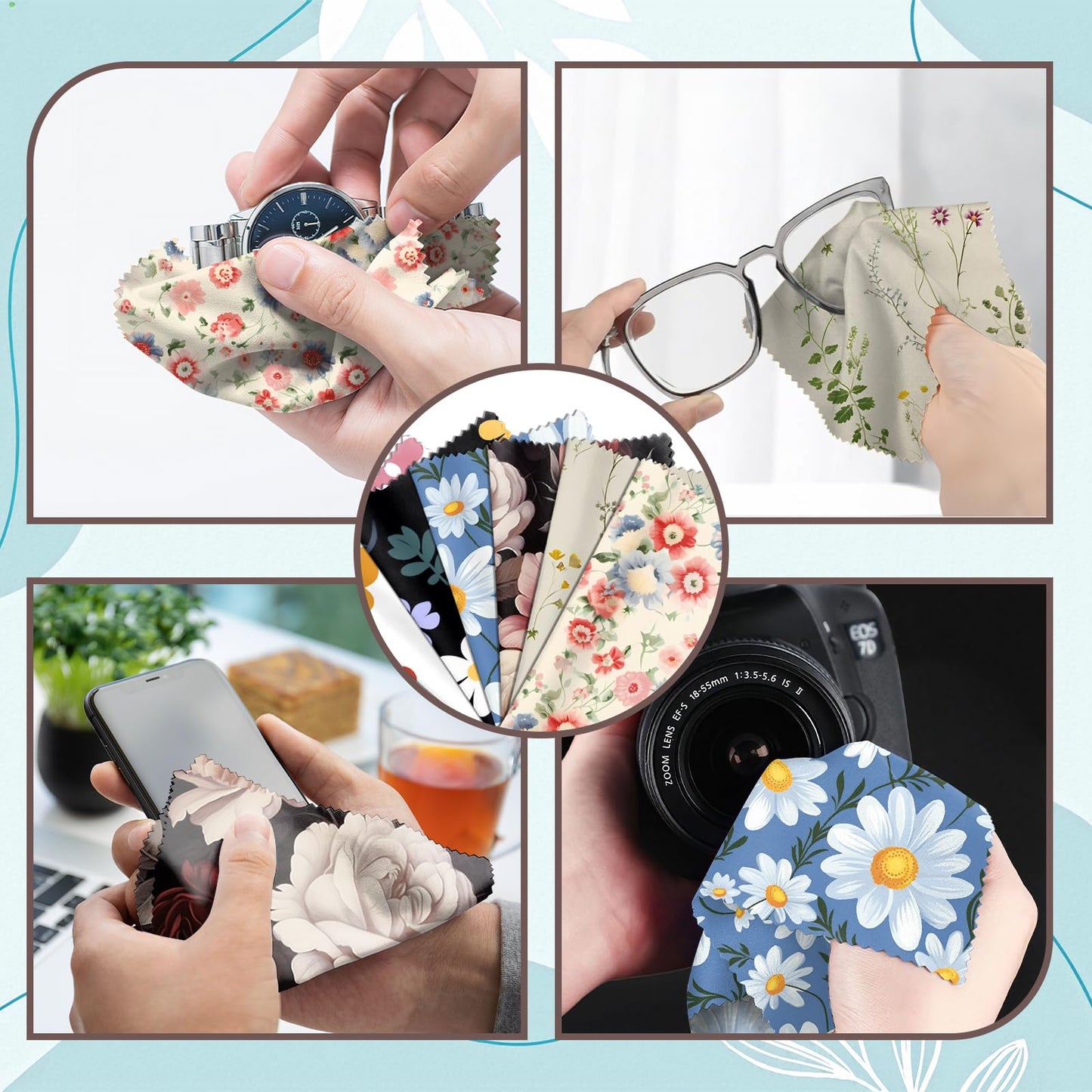 Zewurtuw 6-Pack Microfiber Glasses Cleaning Cloths – 6.3x6.3 in Flower Design