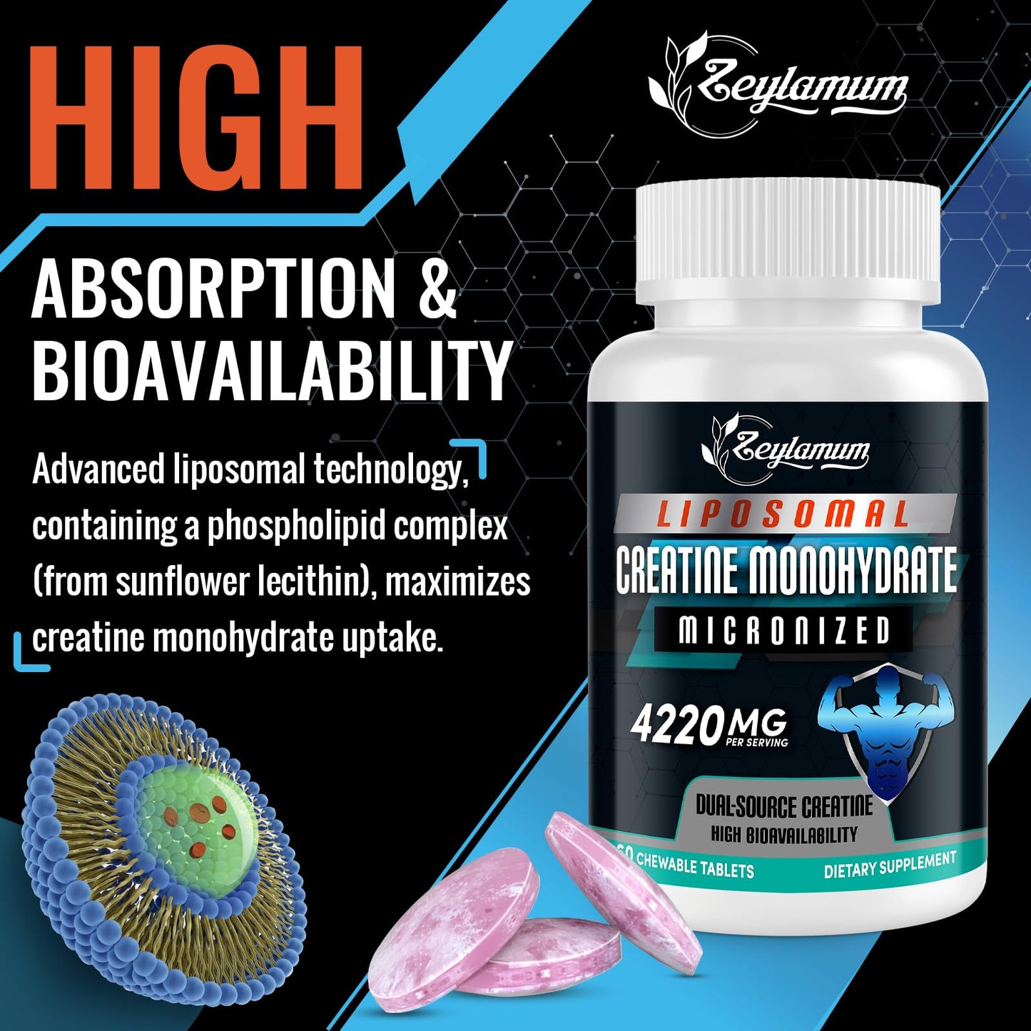 Zeylamum Creatine Chews Tablets for Men & Women | Dual-Source Liposomal Creatine Monohydrate, 60 Servings