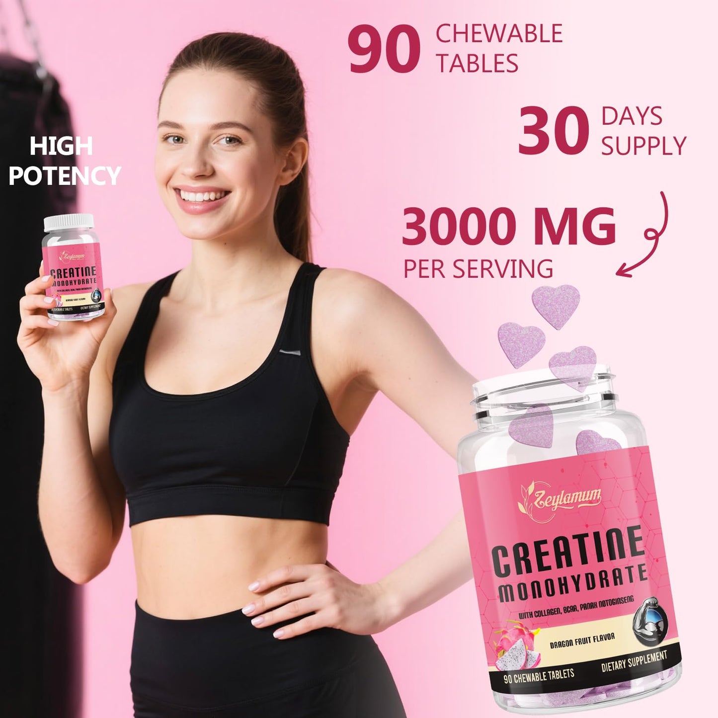 Zeylamum Creatine for Women | 3G Chews with BCAA & Hydrolyzed Collagen (Sugar-Free, Vegan)