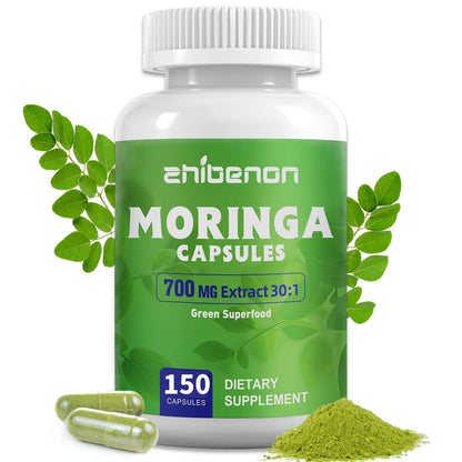 Zhibenon Moringa Oleifera 21,000mg Equivalent | 150 Capsules (75 Servings) | Pure Moringa Powder Capsules | Antioxidant for Energy, Immune & Gut Support | Non-GMO