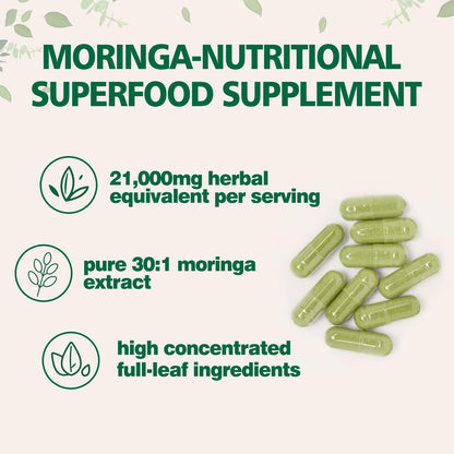 Zhibenon Moringa Oleifera 21,000mg Equivalent | 150 Capsules (75 Servings) | Pure Moringa Powder Capsules | Antioxidant for Energy, Immune & Gut Support | Non-GMO