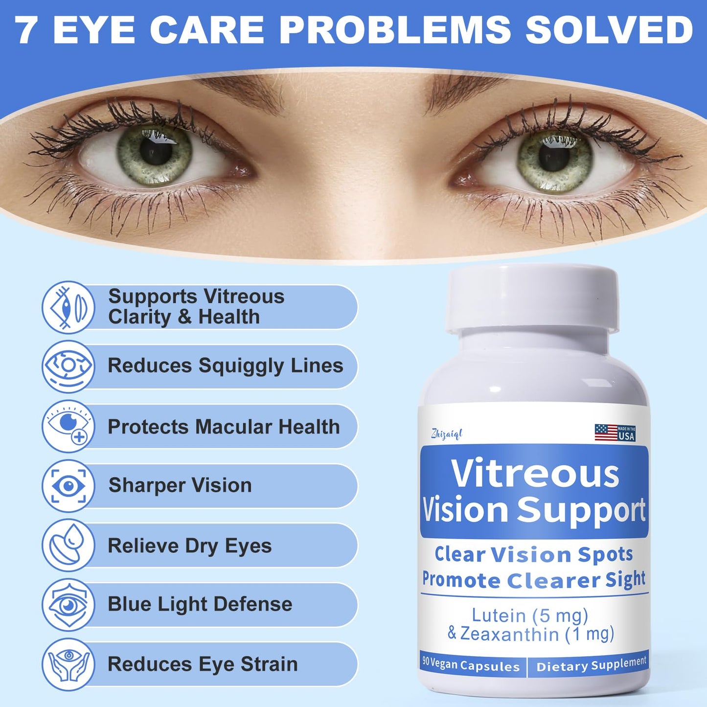 Zhizaiql Eye Vitamin with Lutein & Zeaxanthin – Supports Vitreous Clarity & Clear Vision, 90 Vegan Capsules