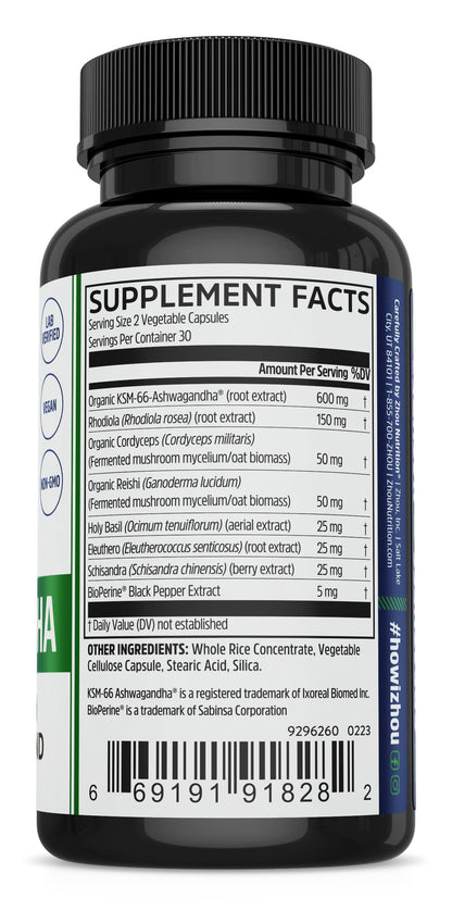 Zhou Ashwagandha | Adaptogenic 1200 mg with Black Pepper | 60 Vegan Capsules