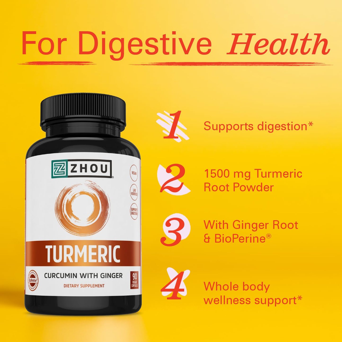 Zhou Turmeric Curcumin with Ginger – 90 Veggie Capsules | Digestive & Joint Support with BioPerine