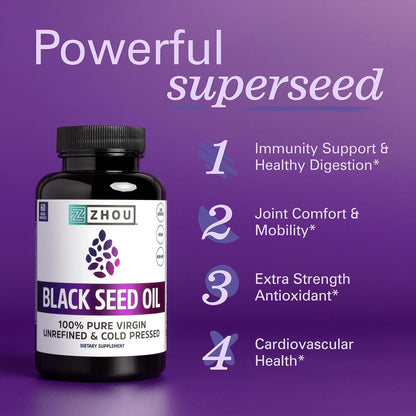 ZHOU Black Seed Oil Capsules – Cold-Pressed Nigella Sativa, 60 Capsules (Pack of 2)