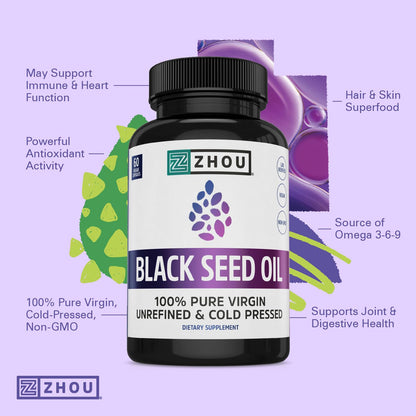 ZHOU Black Seed Oil Capsules – Pure Nigella Sativa, Thymoquinone, Cold-Pressed Black Seed Oil, 60 Capsules