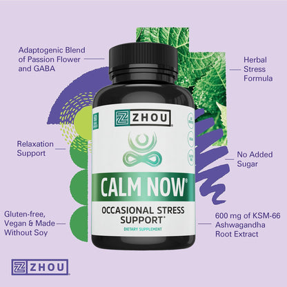 Zhou Calm Now – Calm Supplement for Women & Men | GABA, Ashwagandha & Focus Support | 60 Veggie Capsules