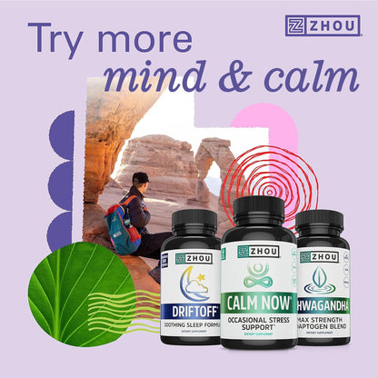 Zhou Calm Now – Calm Supplement for Women & Men | GABA, Ashwagandha & Focus Support | 60 Veggie Capsules