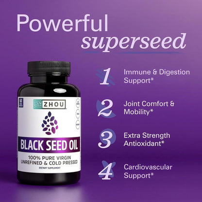 ZHOU Black Seed Oil & Capsules – Pure Nigella Sativa, Cold Pressed, 8 oz + 60 Capsules