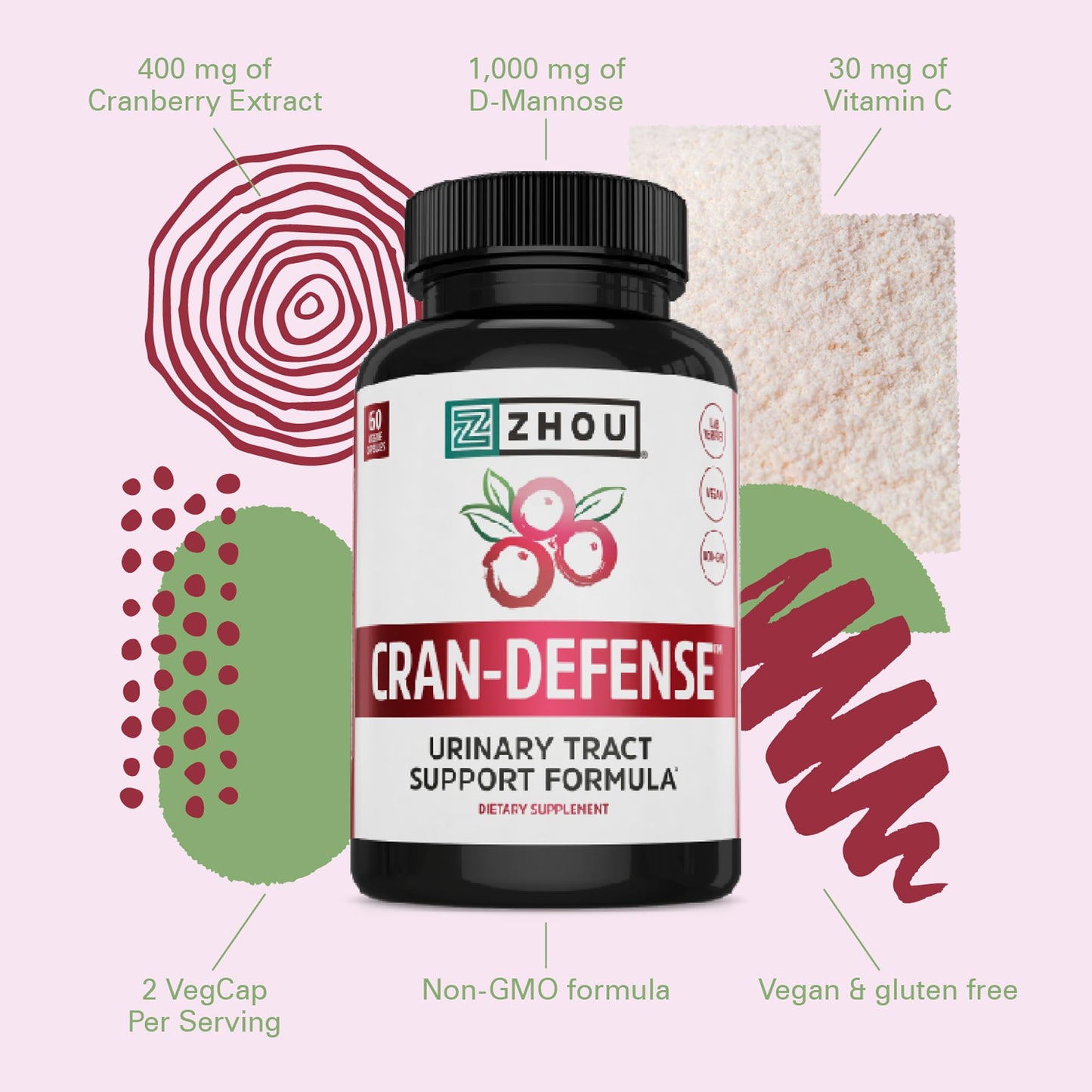 Zhou Cran-Defense: Cranberry + D-Mannose Pills for Urinary Tract Health | 60 Veggie Capsules