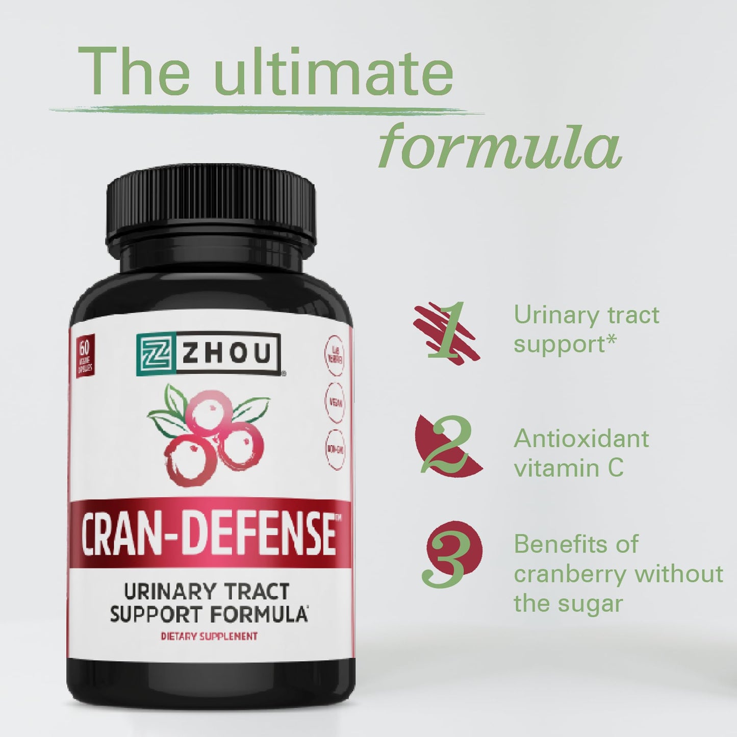 Zhou Cran-Defense: Cranberry + D-Mannose Pills for Urinary Tract Health | 60 Veggie Capsules