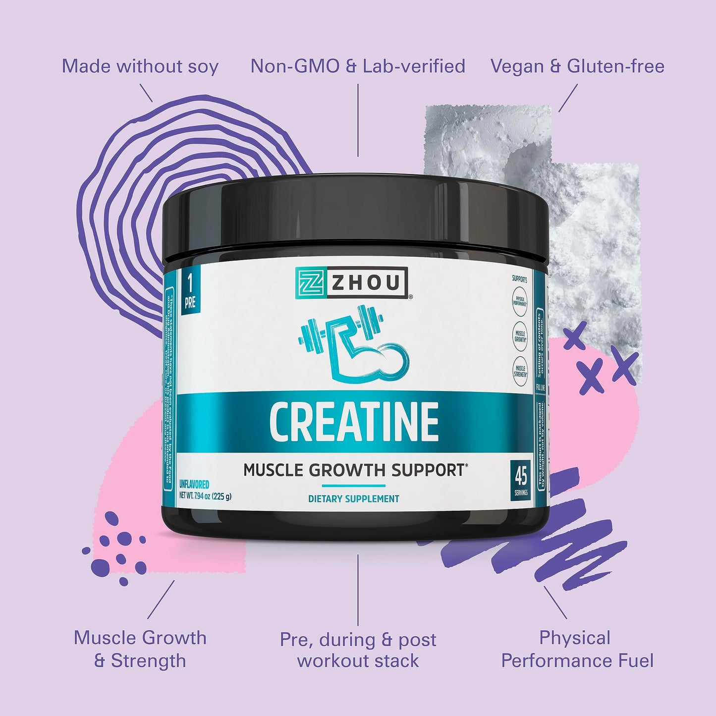 Zhou Creatine Monohydrate Powder – Unflavored, Vegan, 5 g per Serving | 7.94 oz (45 Servings) – For Women & Men