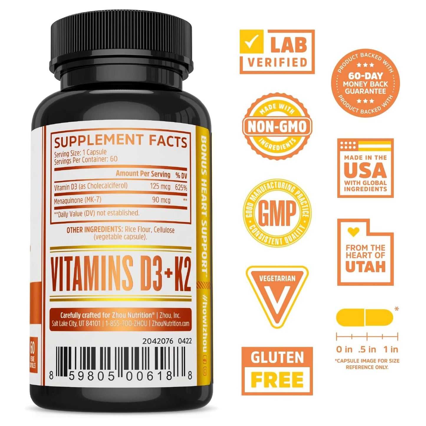 ZHOU D3+K2 Vitamin D3 K2 Supplement – 5000 IU D3, MK-7, Vegetarian