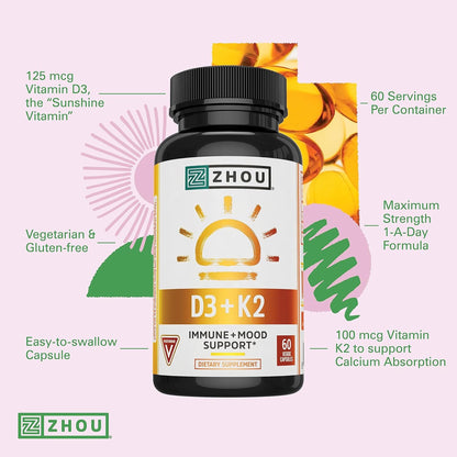 ZHOU D3+K2 Vitamin D3 K2 Supplement – 5000 IU D3, MK-7, Vegetarian