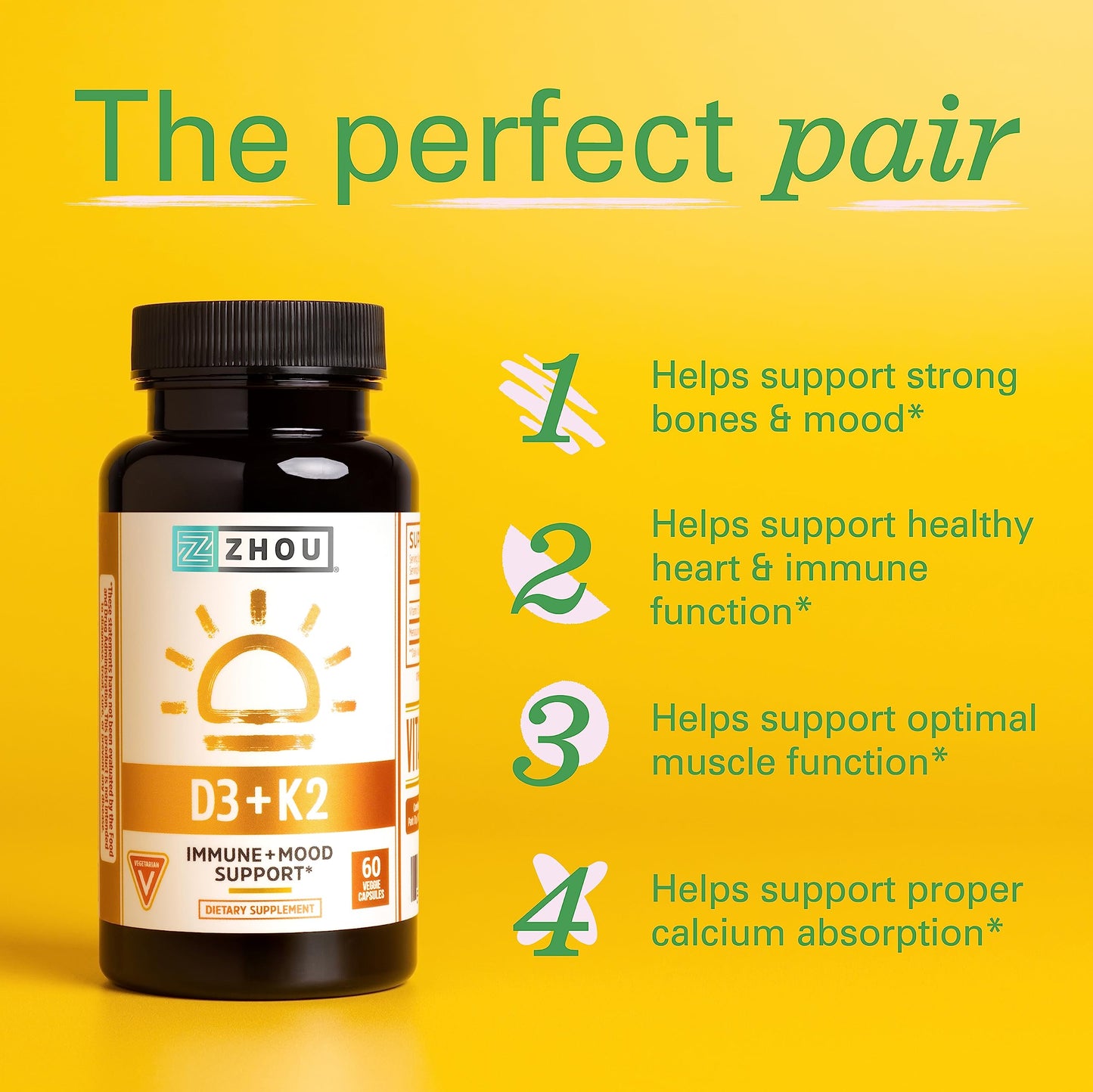 Zhou D3+K2 Vitamin D3 K2 – 60 Veggie Capsules (Vegan)