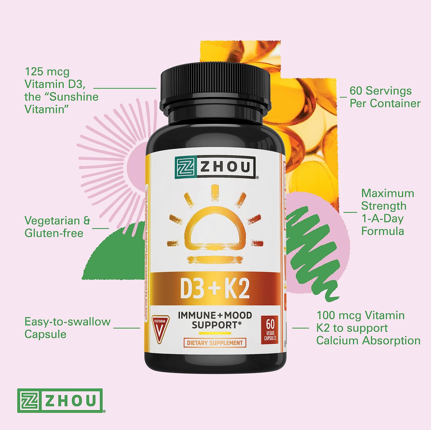Zhou D3+K2 Vitamin D3 K2 – 60 Veggie Capsules (Vegan)
