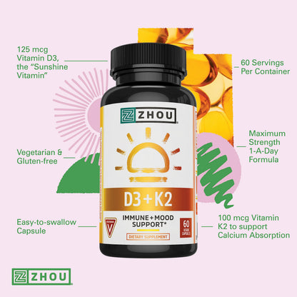 Zhou D3+K2 Vitamin D3 K2 – 60 Veggie Capsules (Vegan)