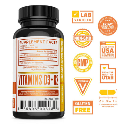 Zhou D3+K2 Vitamin D3 K2 – 60 Veggie Capsules (Vegan)