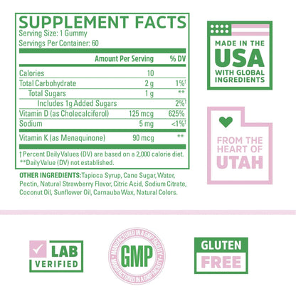 Zhou D3+K2 Gummies – Vitamin D3 & K2 for Immune, Bone & Heart Health | Gelatin-Free, 60 Veggie Gummies (5000 IU D3 + MK-7)