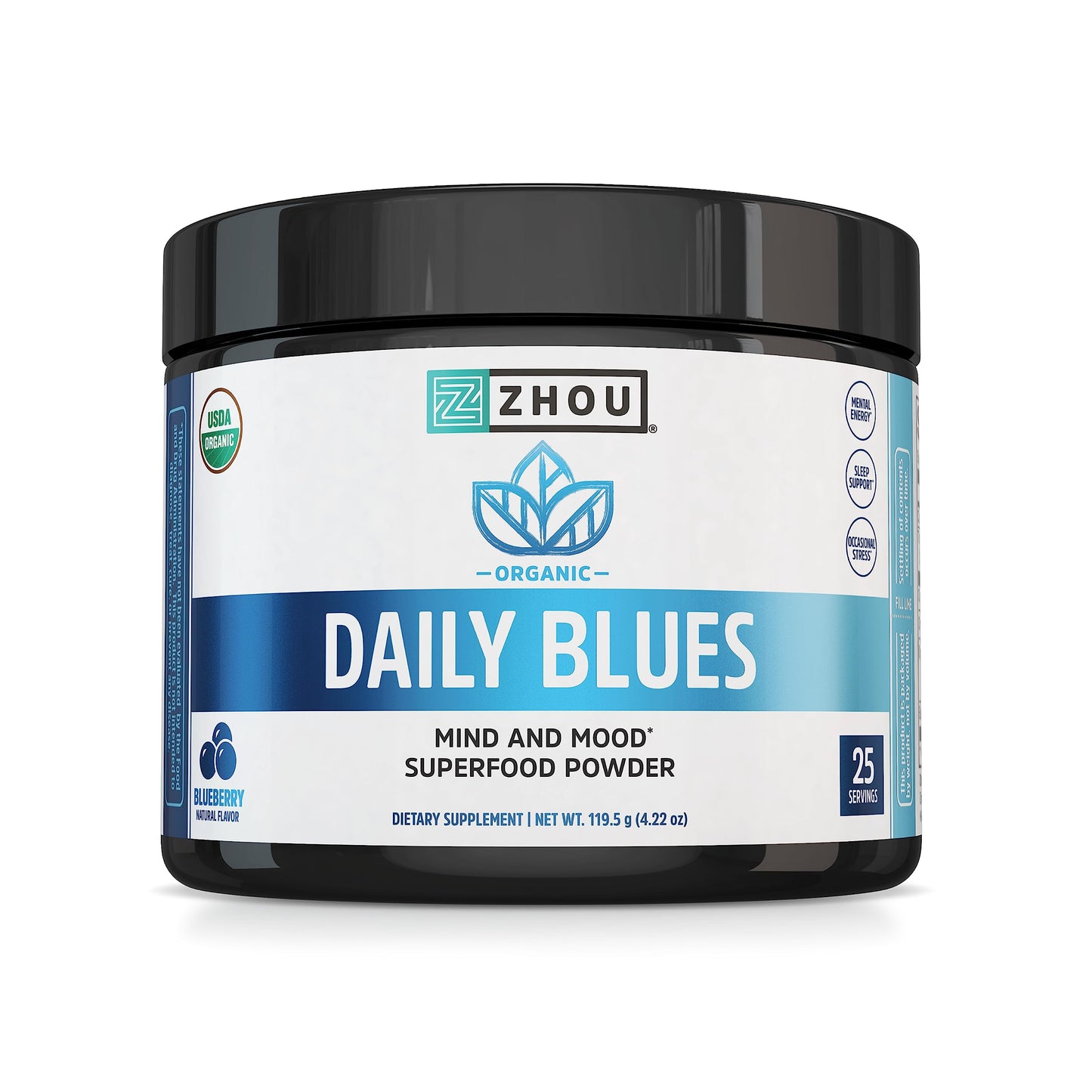 Zhou Daily Blues Blue Spirulina Powder – Organic, Vegan Blueberry Flavor, 4.22 oz (25 Servings)