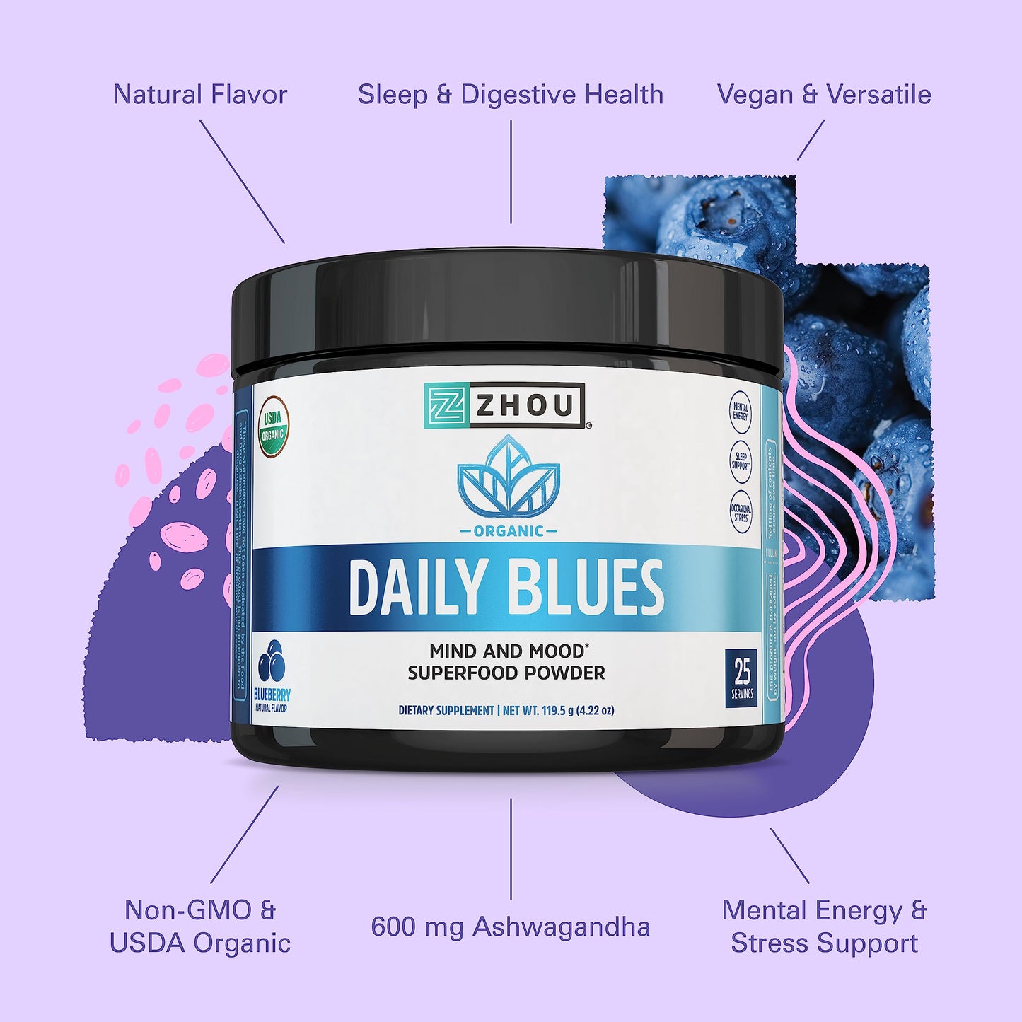Zhou Daily Blues Blue Spirulina Powder – Organic, Vegan Blueberry Flavor, 4.22 oz (25 Servings)