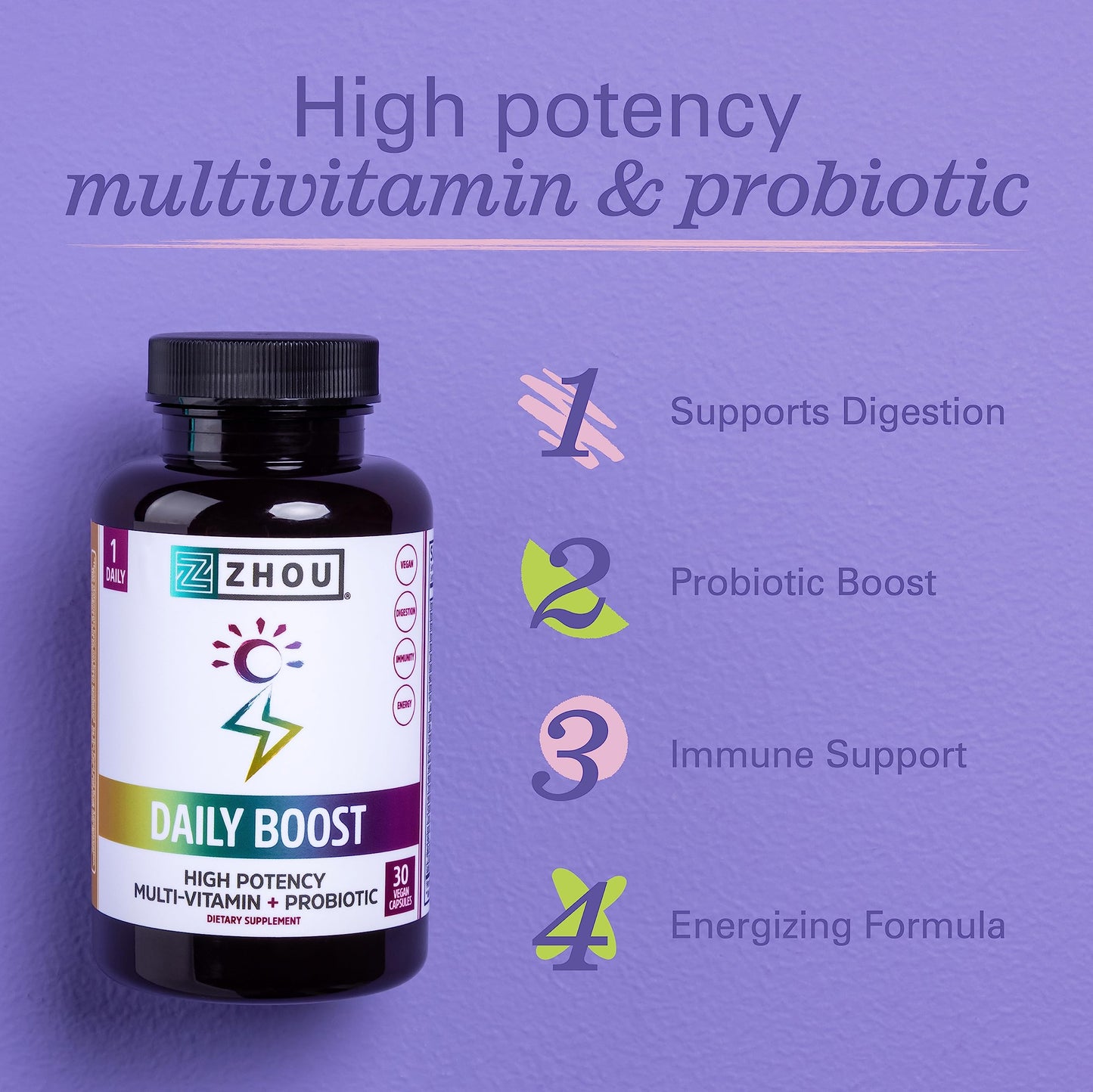 Zhou Daily Boost Probiotic Multivitamin for Women & Men | Immune Support, Energy & Eye Health – 30 Veggie Capsules