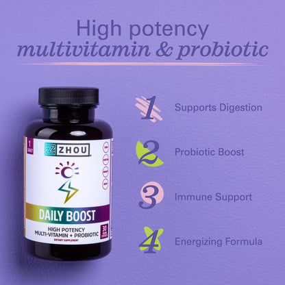 Zhou Daily Boost Probiotic Multivitamin for Women & Men | Immune Support, Energy & Eye Health – 30 Veggie Capsules