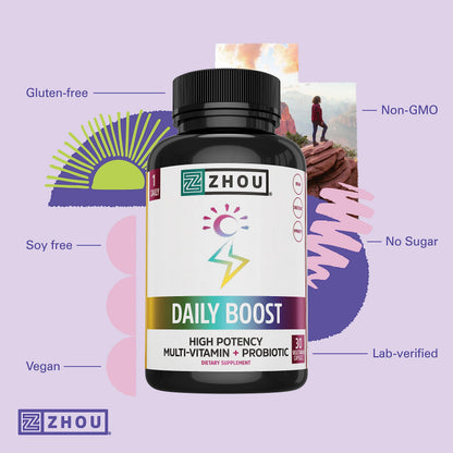 Zhou Daily Boost Probiotic Multivitamin for Women & Men | Immune Support, Energy & Eye Health – 30 Veggie Capsules