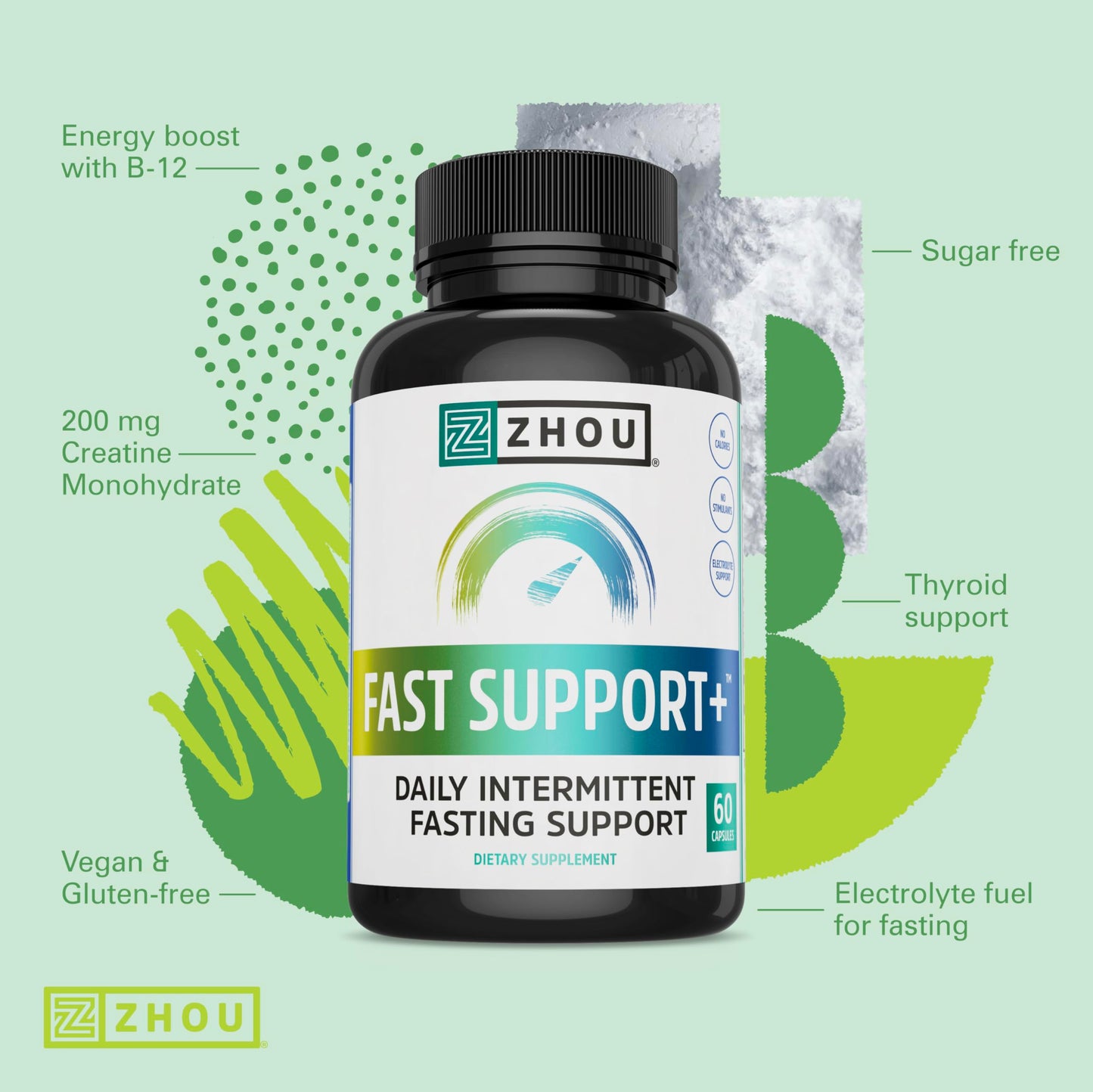 Zhou Fast Support - Fasting Electrolytes No Sugar | Intermittent Fasting Supplement | 60 Veggie Capsules