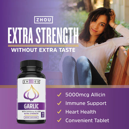 Zhou Garlic with Allicin – Odorless Garlic 5000 mcg Allicin, 90 Tablets