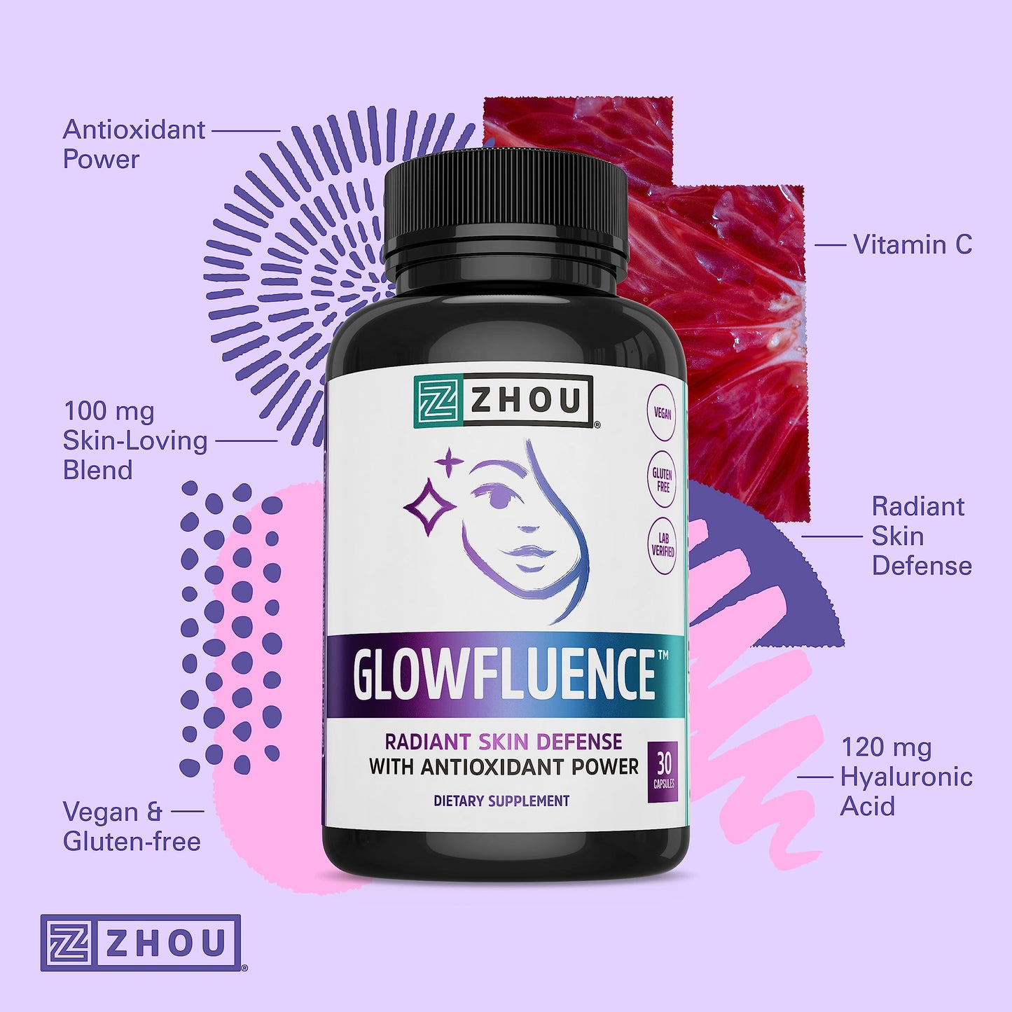 Zhou Glowfluence – Hyaluronic Acid Supplement with Vitamin C & Antioxidants