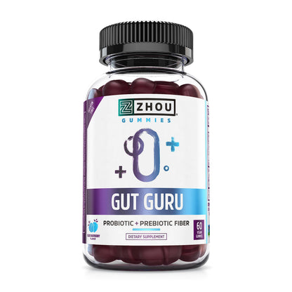 Zhou Gut Guru Gummies - Probiotic & Prebiotic for Digestive Health (60 Vegan Gummies)