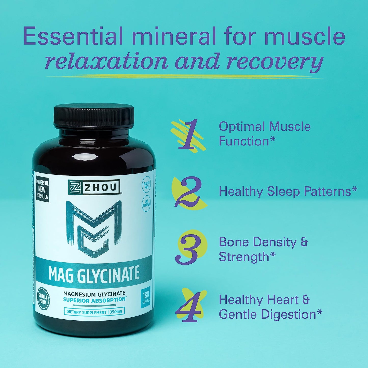 Zhou Magnesium Glycinate 350 mg – Time-Release Vegan Magnesium Glycinate, 180 Capsules