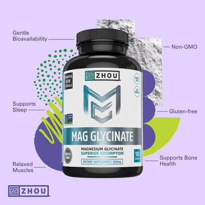 Zhou Magnesium Glycinate 350 mg – Time-Release Vegan Magnesium Glycinate, 180 Capsules