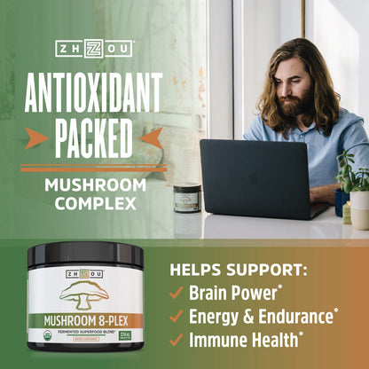 ZHOU Mushroom 8-Plex – Nootropic Mushroom Powder (30 Servings) | Coffee Alternative