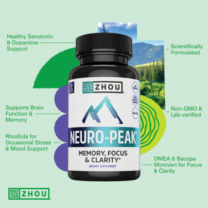 Zhou Neuro-Peak - Nootropic for Memory & Focus | 30 Veggie Capsules