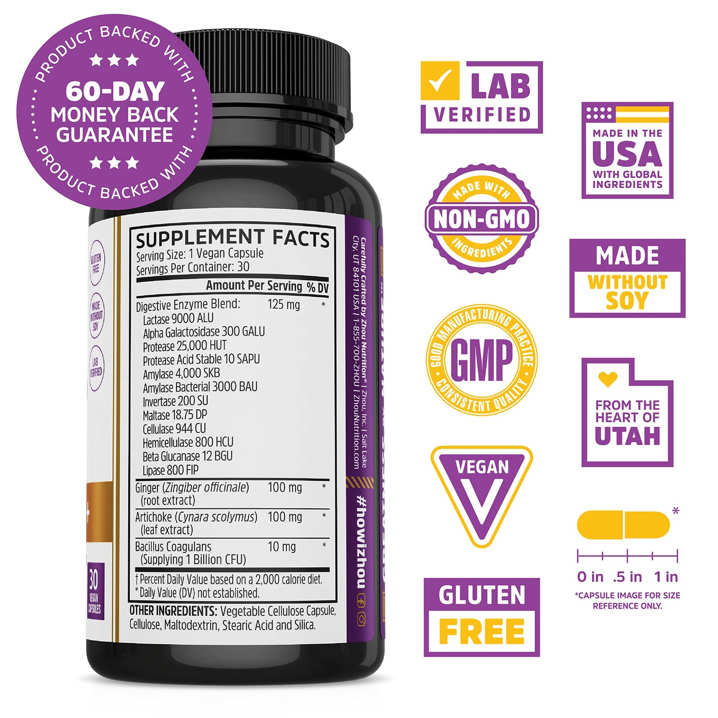 Zhou Bloat Blast+ Digestive Enzymes with Probiotics – 30 Veggie Capsules