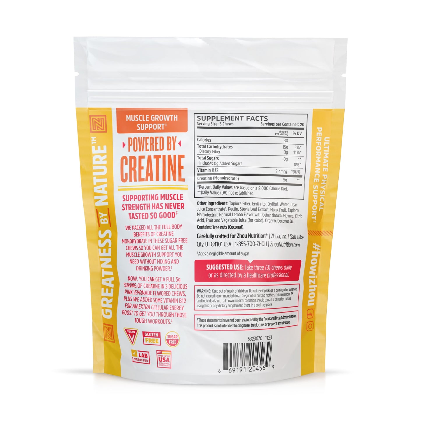 ZHOU Nutrition Creatine Monohydrate Chewables 5g – Pink Lemonade Gummies, 60 Count, Sugar Free