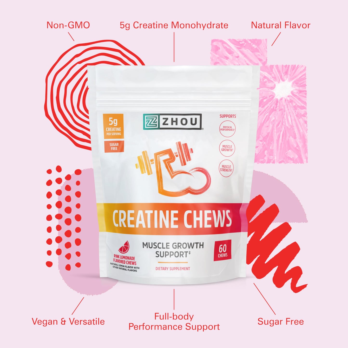 ZHOU Nutrition Creatine Monohydrate Chewables 5g – Pink Lemonade Gummies, 60 Count, Sugar Free