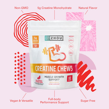 ZHOU Nutrition Creatine Monohydrate Chewables 5g – Pink Lemonade Gummies, 60 Count, Sugar Free