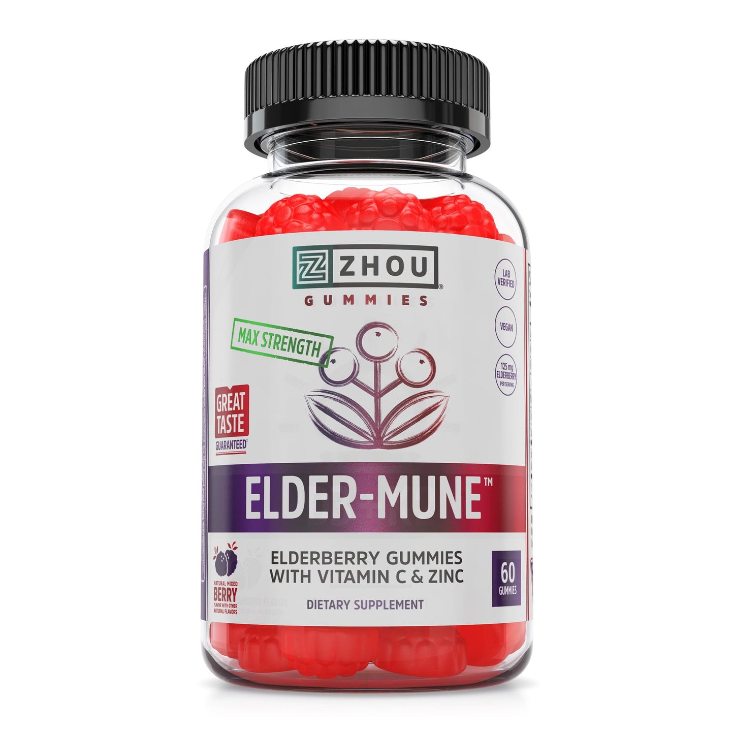 ZHOU Nutrition Elder-Mune Sambucus Elderberry Gummies with Zinc & Vitamin C | Immune Support for Kids & Adults (4+) | 60 Gummies