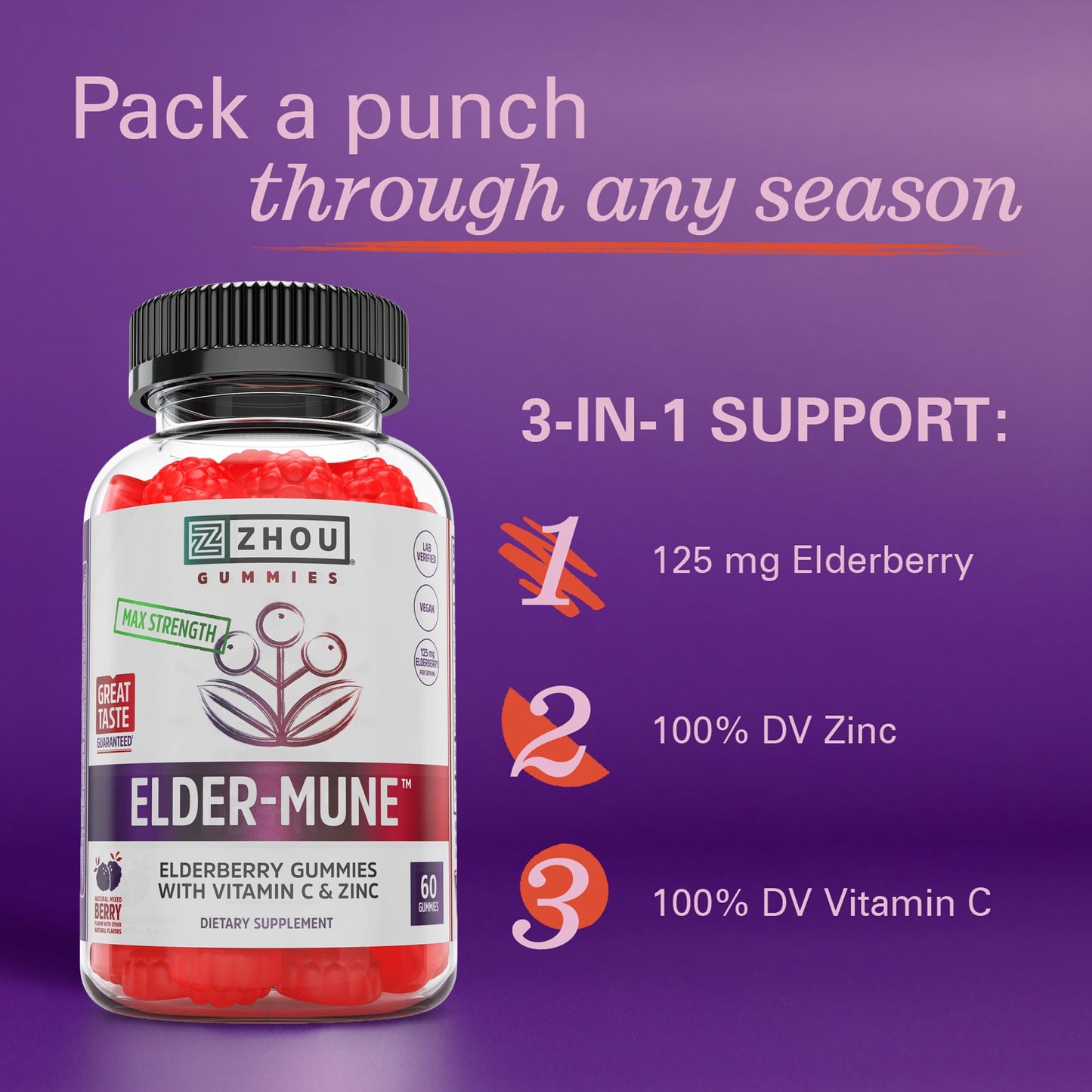 ZHOU Nutrition Elder-Mune Sambucus Elderberry Gummies with Zinc & Vitamin C | Immune Support for Kids & Adults (4+) | 60 Gummies