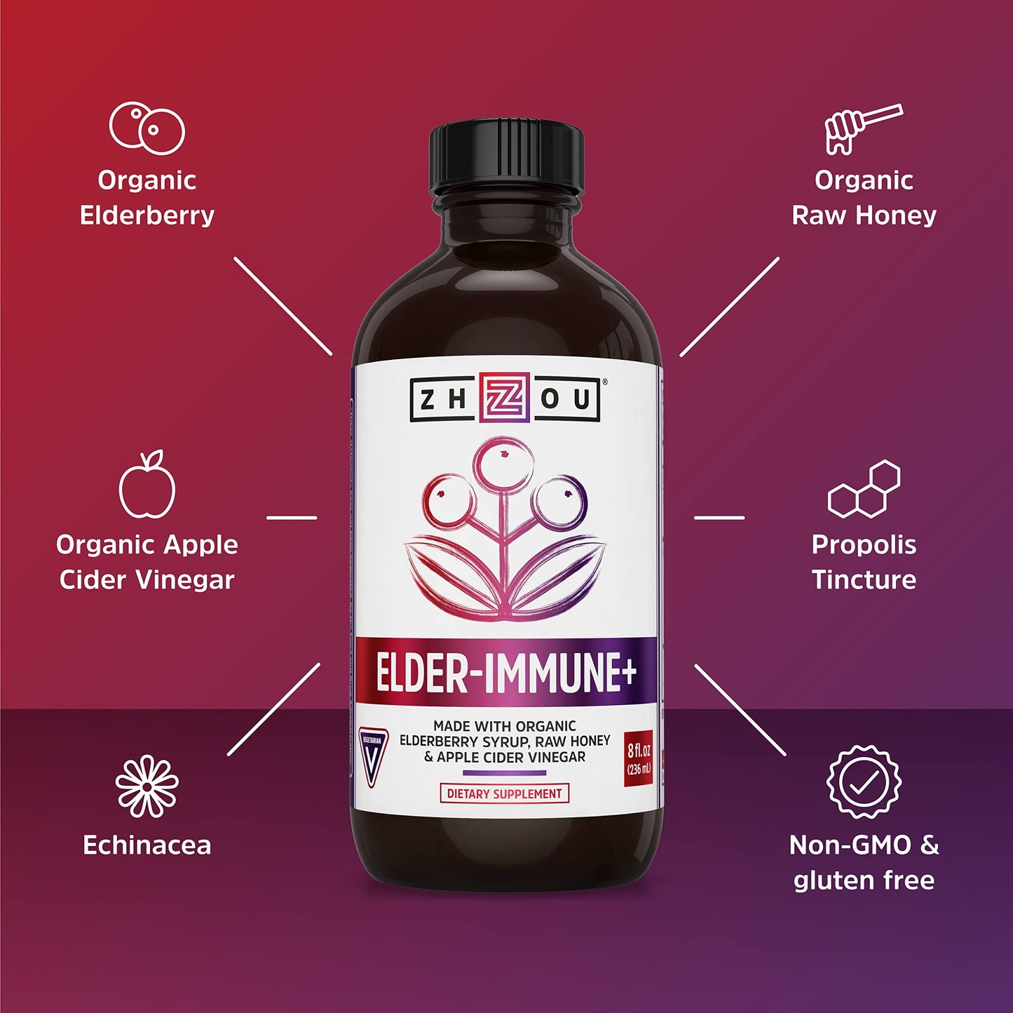 Zhou Nutrition Elder-Mune+ Syrup – Organic Elderberry Immune Support, 8 Fl Oz